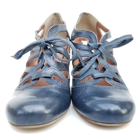 NEXT Pumps Laser Cut Out Blue Leather Lace Up Heel - Picture 5 of 8